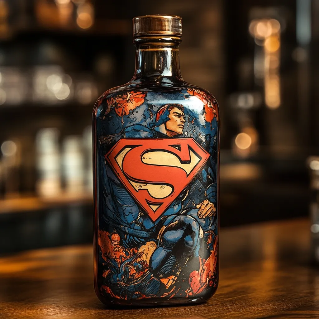 A dark amber bottle of liquor features a striking graphic design.  The label showcases a dynamic illustration of Superman, his iconic "S" shield prominently displayed.  The artwork is detailed and vibrant, combining comic book style with a splash of color. The bottle sits on a dark wooden surface, suggesting a bar or sophisticated setting.