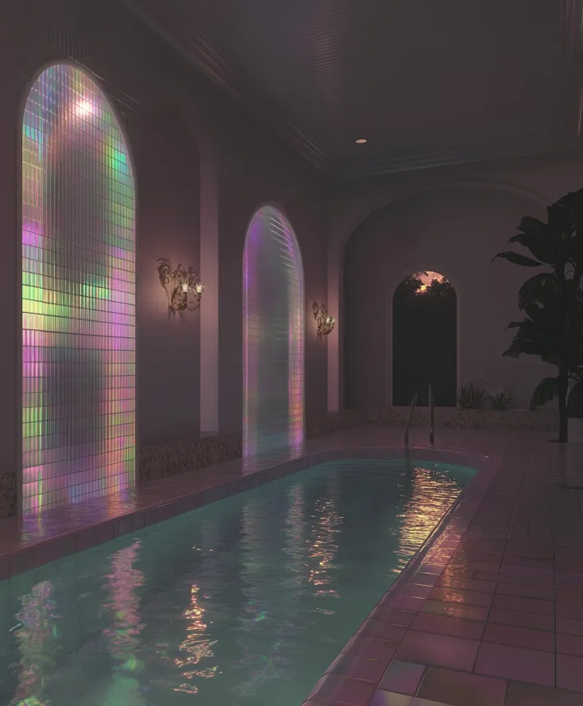 An indoor swimming pool in a dimly lit, luxurious setting.  The walls are a muted purple, adorned with iridescent arched windows that cast colorful reflections on the water.  Subdued lighting and elegant wall sconces create a tranquil atmosphere.  The scene is reminiscent of a stylish, modern spa or private retreat.  Pink tiles line the pool's edge.