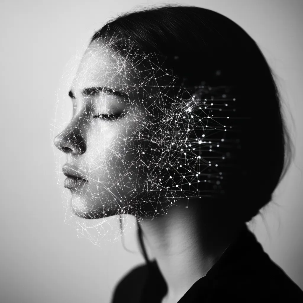A black and white profile portrait of a young woman.  Her face is overlaid with a digital network of interconnected nodes and lines, creating a striking juxtaposition of organic and technological elements. The image suggests themes of identity, technology, and the merging of the physical and digital worlds.  Her eyes are closed, conveying a sense of serenity or contemplation.