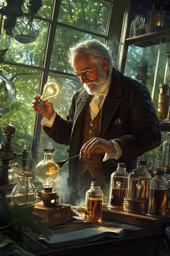 An elderly, bearded scientist, dressed in a dark coat and waistcoat, examines a glowing light bulb in his cluttered laboratory.  Sunlight streams through a large window behind him, illuminating dust motes in the air.  Surrounding him are various glass vessels, bottles containing amber liquids, and scientific apparatus, suggesting a scene of invention and discovery.  The overall atmosphere is one of quiet contemplation and scientific pursuit.