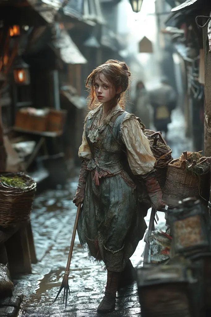 A young girl, dressed in worn, medieval-style clothing, stands in a dimly lit, cobblestone alley.  She carries baskets of goods and a long-handled tool, suggesting a life of poverty or hard labor. Her expression is serious and her attire is dirty and tattered, adding to the overall atmosphere of hardship and perhaps magic.  The background is blurry, focusing attention on the girl in the foreground.