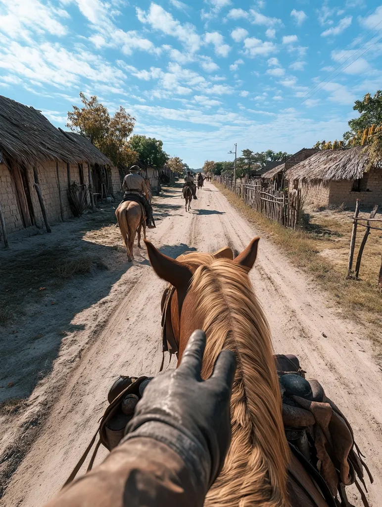 A first-person perspective of a horseback rider traversing a dusty dirt road.  Several other riders are visible ahead, moving along a path lined with rustic, thatched-roof huts.  The scene evokes a rural, possibly South American, setting under a bright, sunny sky.  The rider's hand rests gently on the horse's mane.