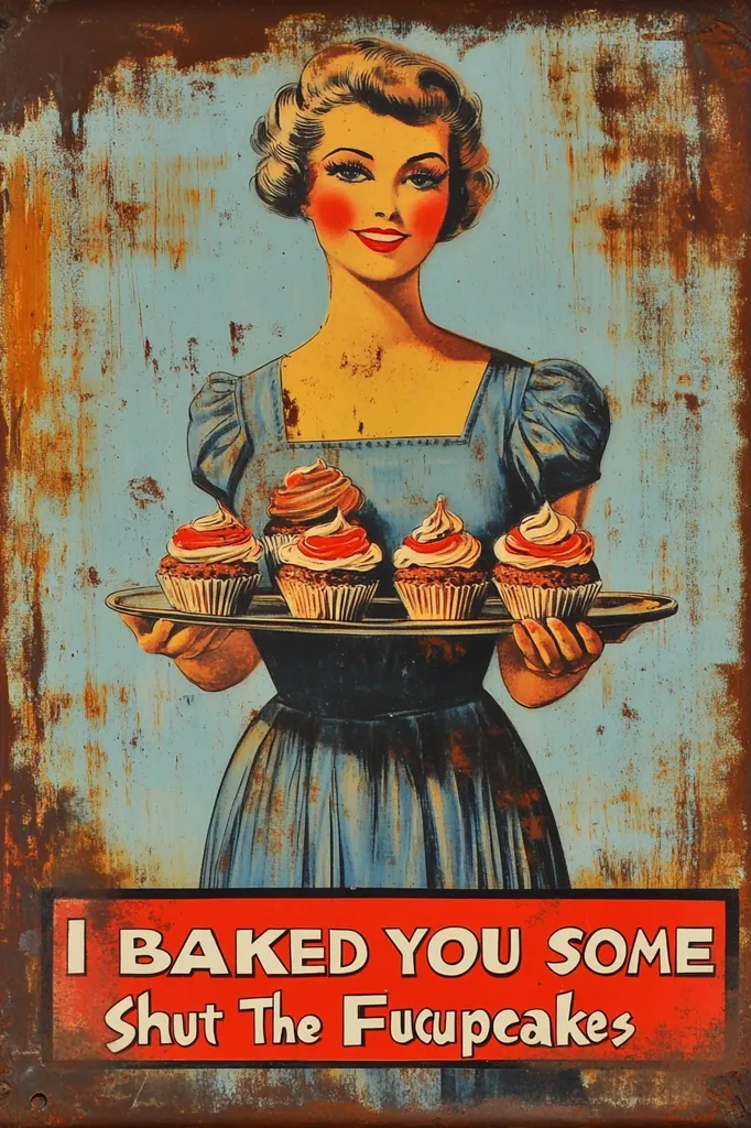 A vintage-style metal sign depicts a smiling woman in a blue dress presenting a platter of cupcakes.  The sign is distressed, showing rust and wear.  The text reads "I baked you some Shut the Fu cupcakes," a humorous and slightly offensive twist on a traditional baking advertisement. The image evokes a retro aesthetic with its color palette and the woman's hairstyle.