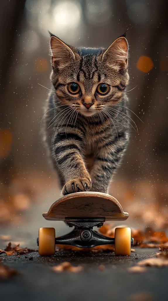 A tabby kitten stands on a small skateboard, its paws delicately placed on the deck.  The kitten's intense gaze is directed straight ahead.  The background is blurred, showing an autumnal setting with fallen leaves and bokeh effects suggesting a shallow depth of field.  The overall image is artistically styled, emphasizing the juxtaposition of the cute cat and the skateboard.