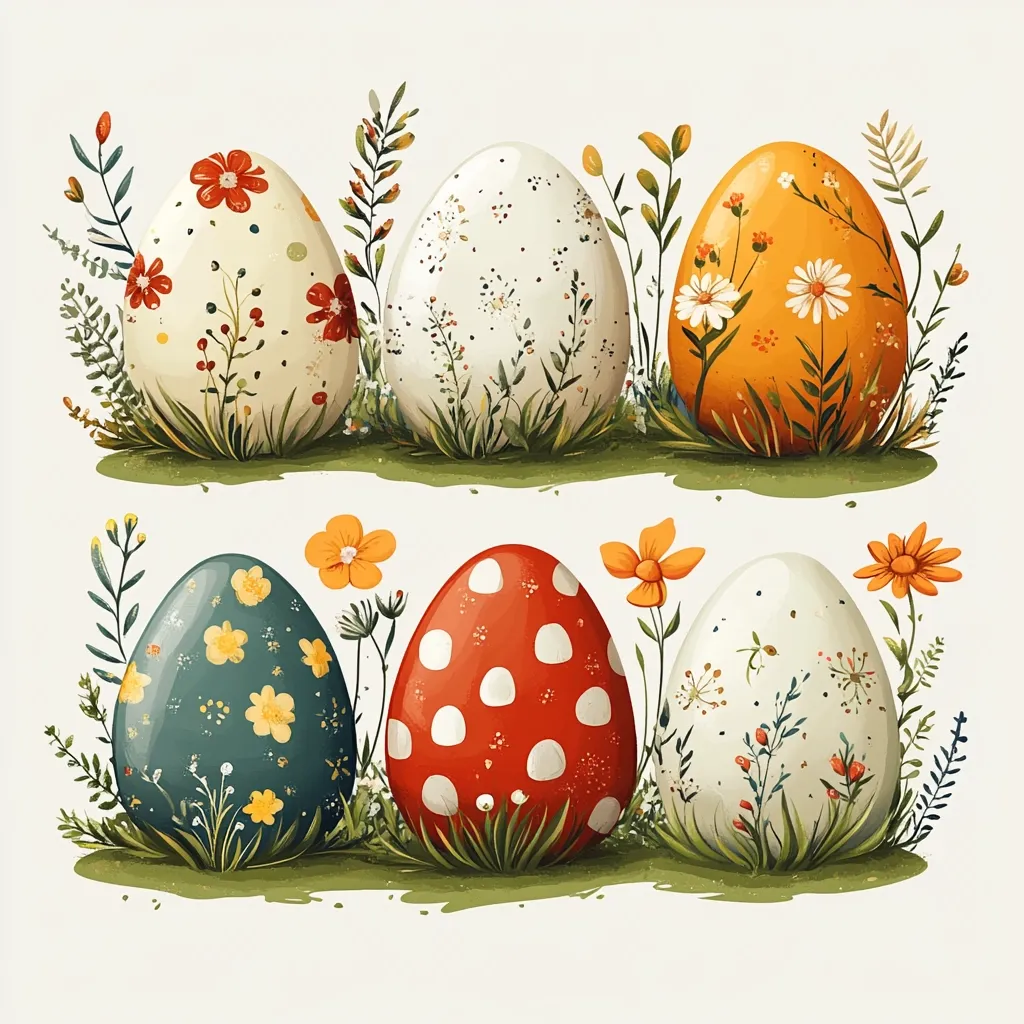 Two rows of decorated Easter eggs nestled in grass.  The top row features eggs with floral patterns in cream, white, and orange. The bottom row showcases eggs with teal floral, red polka dot, and cream sprig designs.  Wildflowers sprout around each egg, creating a charming springtime scene.  The illustration is styled with a soft, painterly texture.