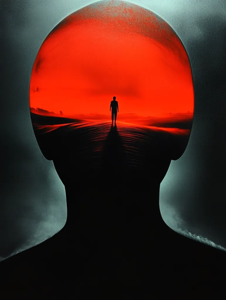 The artwork depicts a surreal scene within a human head.  A large, vibrant red orb dominates the head's interior, resembling a fiery sunset over a desolate landscape. A lone, silhouetted figure stands small in the distance, suggesting isolation or introspection. The contrast between the intense red and the dark silhouette emphasizes a feeling of internal struggle or contemplation.  The image is dreamlike and evocative, prompting questions about the mind and inner journeys.