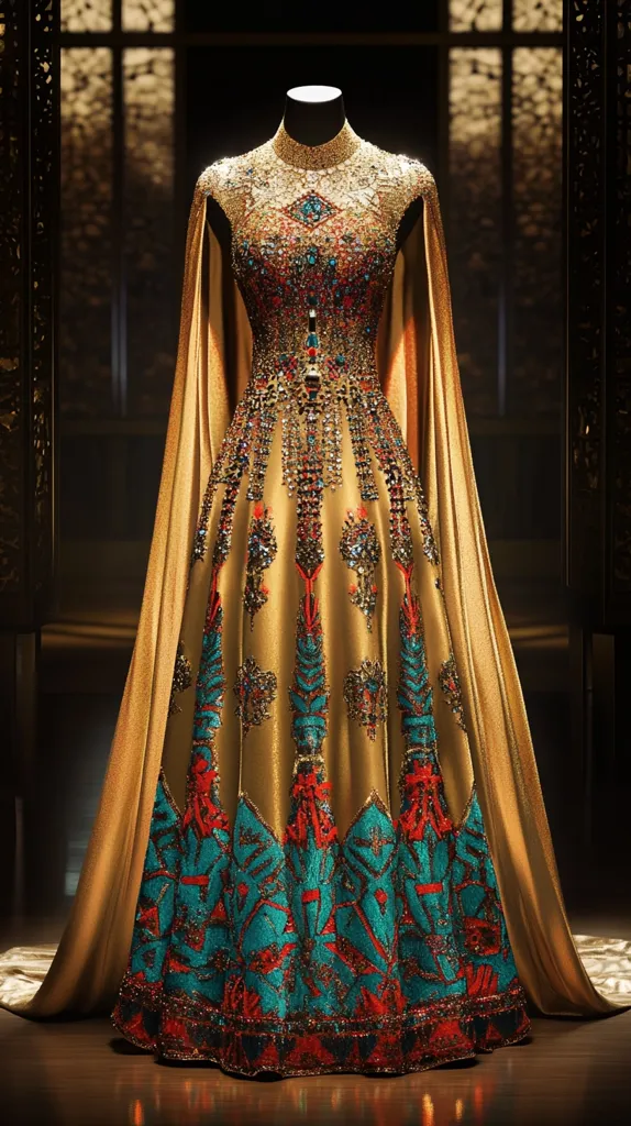 A stunning gold gown, adorned with intricate teal and red embroidery, is showcased.  The long-sleeved dress features a high neck and a flowing cape.  The embellishments are densely clustered, creating a luxurious and opulent effect.  The dress is displayed on a mannequin against a dark, ornate background, enhancing its regal appearance. The detailed craftsmanship is evident in the rich textures and vibrant colors.