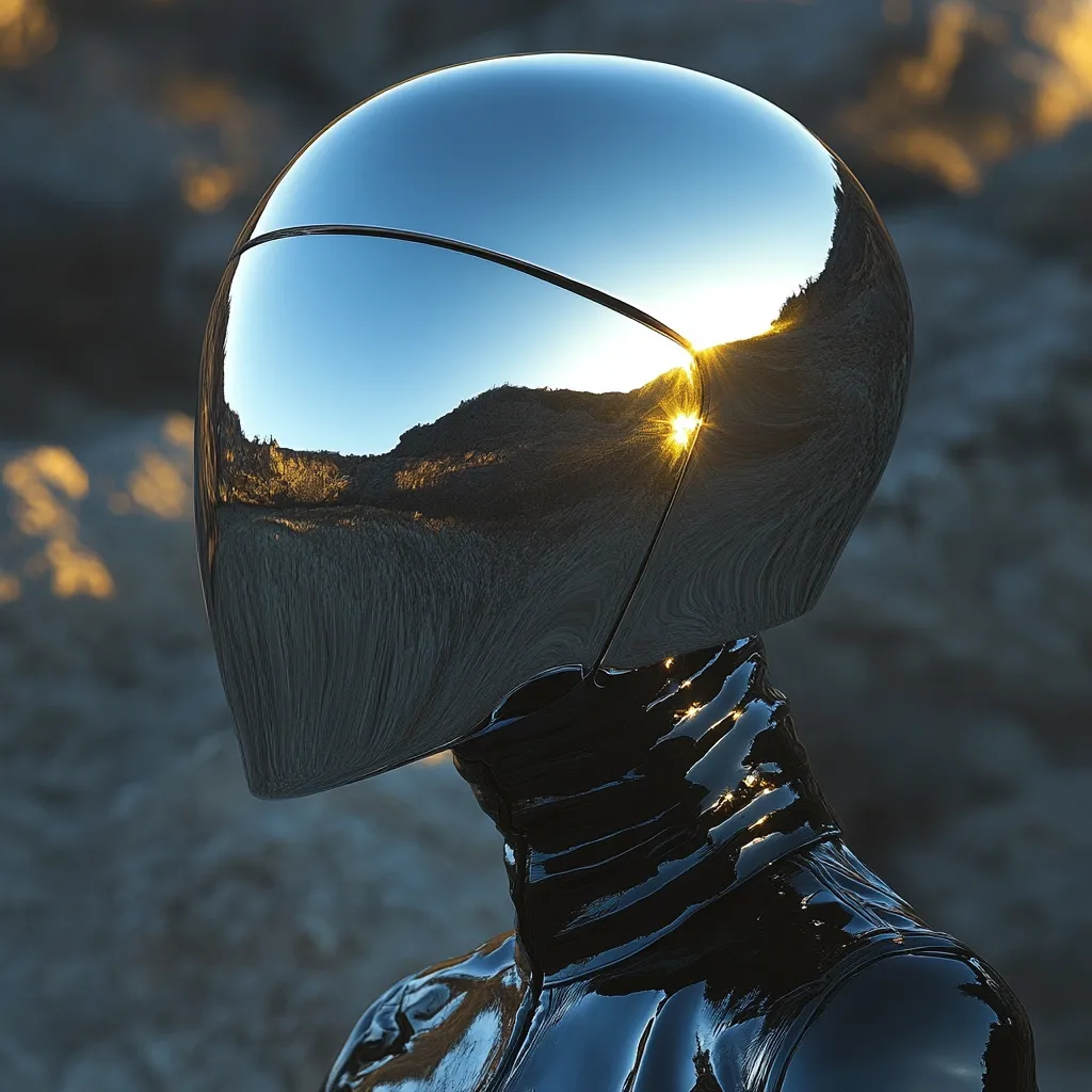 A chrome helmet reflects a sunset, its mirrored surface capturing a landscape of rocky terrain.  The helmet is worn by a figure clad in a sleek, black, seemingly leather bodysuit. The image evokes a futuristic or science fiction setting, with a strong contrast between the metallic sheen and the dark, textured clothing.  The setting sun adds a dramatic, cinematic quality.