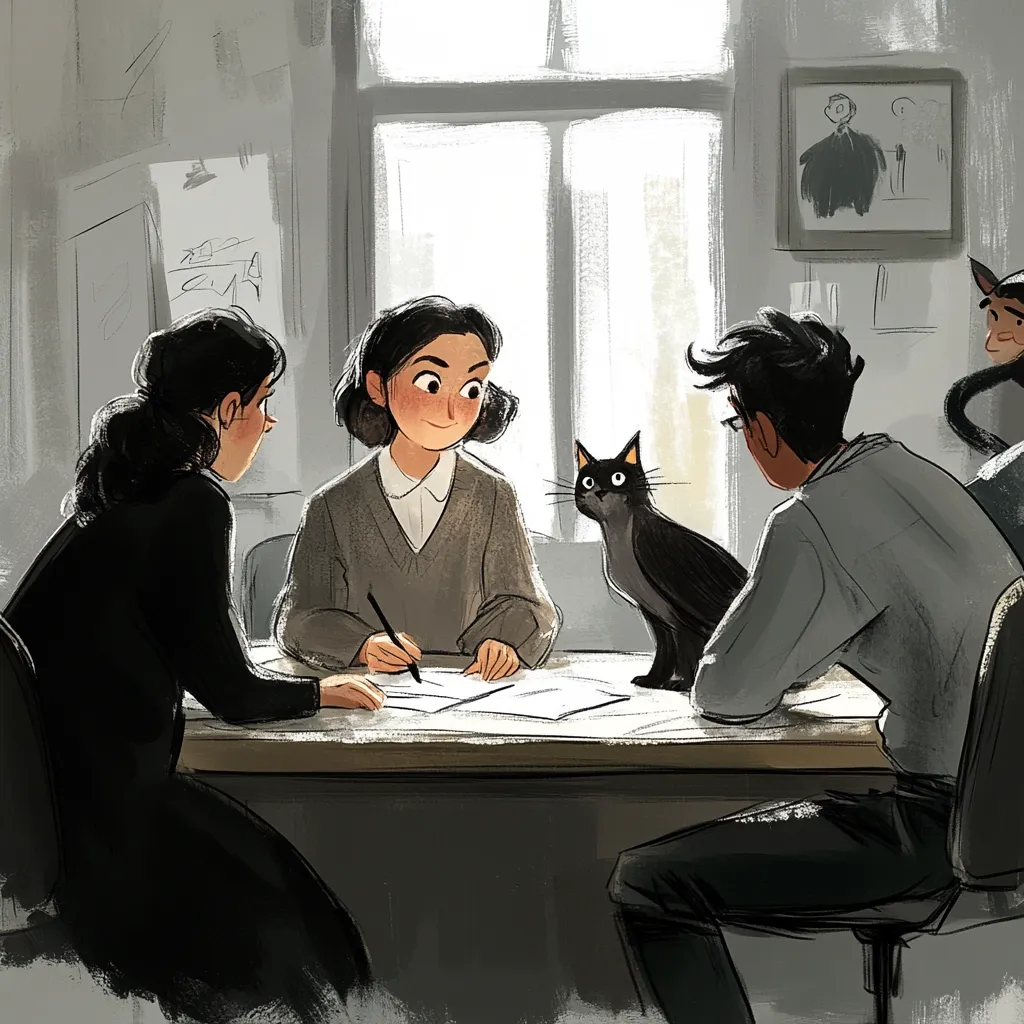 Three young people are seated around a table, working on papers. A black cat sits between them, observing.  The room is softly lit, with a large window letting in natural light.  The atmosphere is calm and studious. One person is writing, while the others appear to be reviewing documents. A framed picture hangs on the wall.  The overall style is painterly and slightly whimsical.