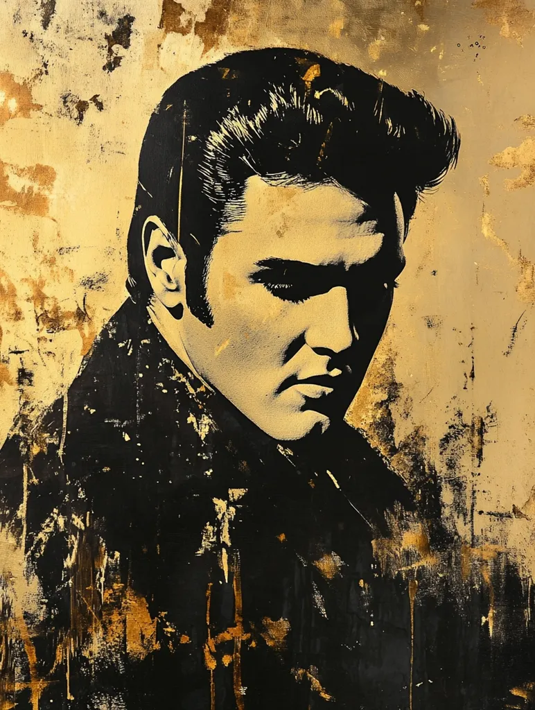 A stylized portrait of Elvis Presley, rendered in black and gold.  His iconic pompadour is prominent, and his expression is serious and downcast. The background features a textured, distressed gold, suggesting age and a sense of faded grandeur. The overall effect is a striking blend of classic imagery and modern artistic technique.