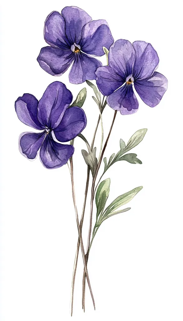 A watercolor painting showcases a delicate bouquet of three vibrant purple pansies.  Their velvety petals are rendered with soft shading, highlighting the subtle variations in color.  Slender stems, adorned with delicate green leaves, intertwine gracefully, creating a sense of natural elegance. The overall composition is simple yet captivating, perfectly capturing the beauty of these charming flowers.