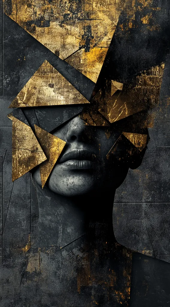 A stylized portrait of a woman's face is partially obscured by gold, geometric shapes. The textured gold triangles contrast with the dark, gritty background, creating a striking visual effect. The woman's expression is serene, her lips subtly parted. The artwork blends abstract and representational elements, evoking a sense of mystery and strength. The overall mood is one of sophisticated darkness and golden elegance.