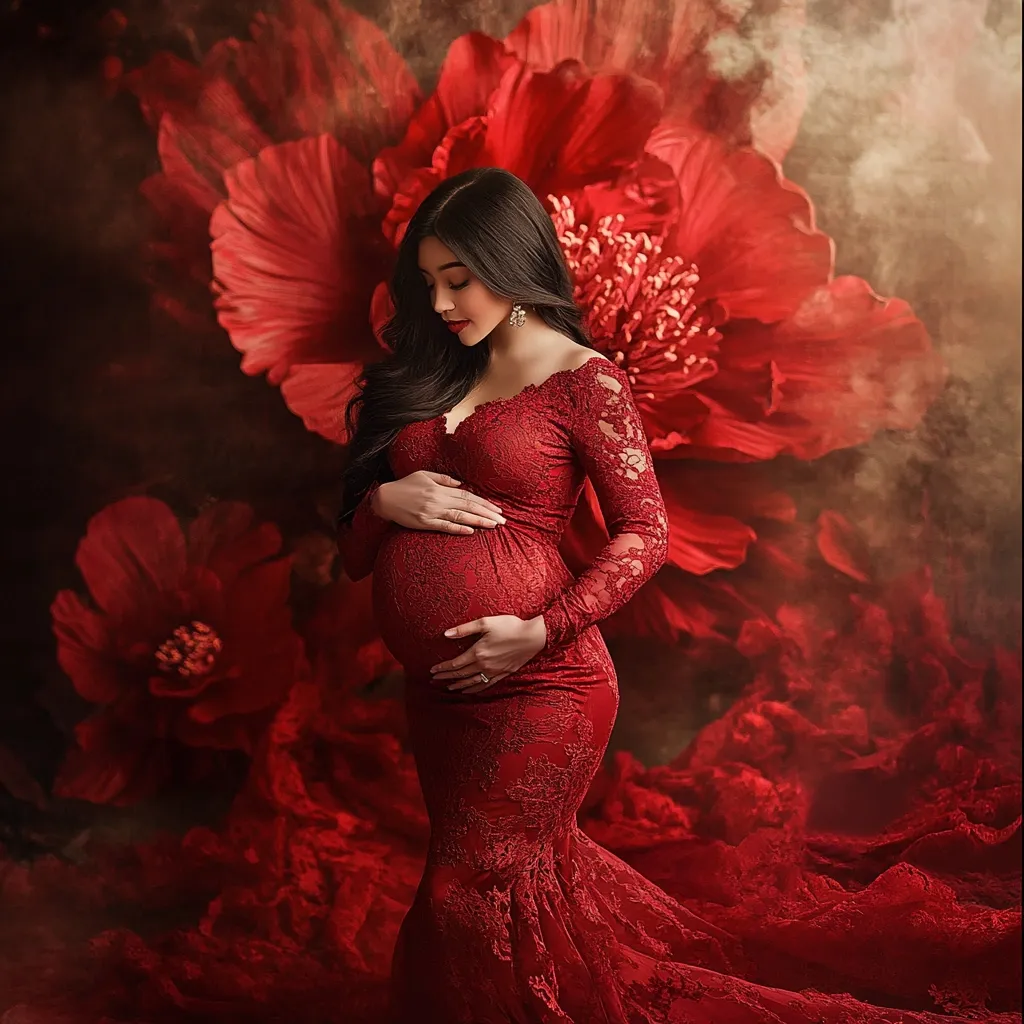 A pregnant woman with long dark hair poses gracefully in a flowing, red lace gown.  The dress accentuates her baby bump. She stands against a backdrop of large, dramatic red floral elements and a smoky haze, creating a romantic and evocative maternity photoshoot. The image is rich with deep reds and moody lighting.