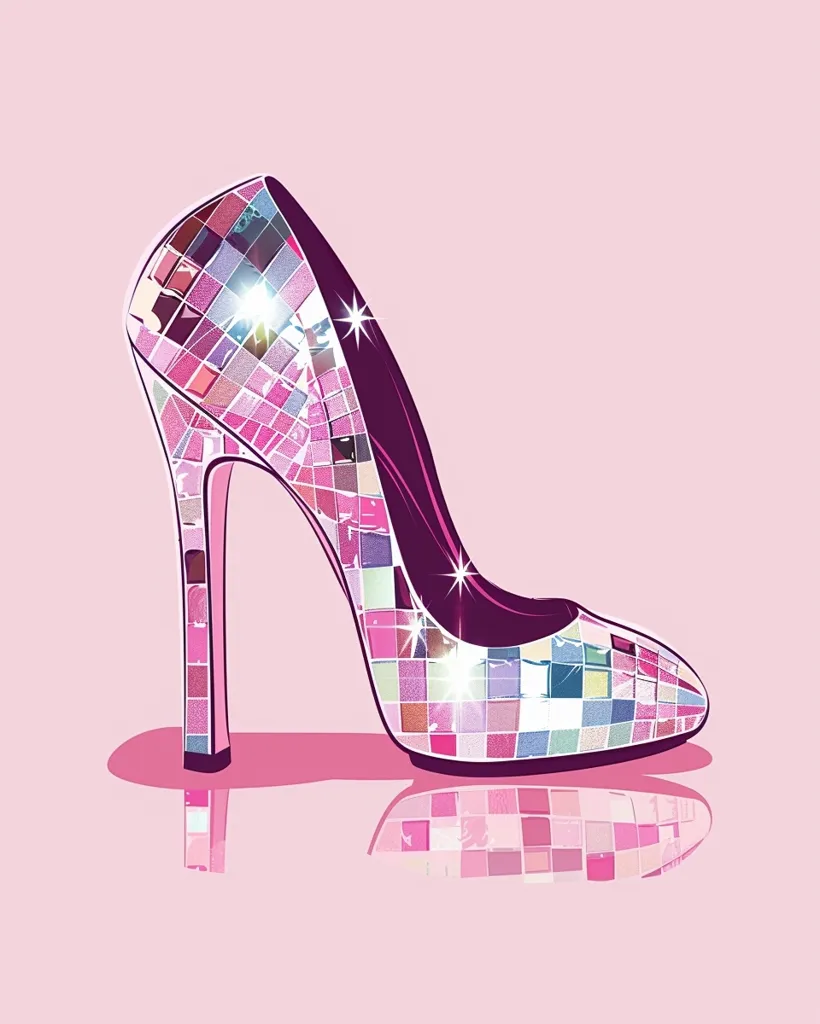 A stylish high-heeled pump is depicted against a pale pink background. The shoe's upper is a mosaic of iridescent pink, purple, and white squares, creating a dazzling effect.  The heel is slender and elegant, reflecting the light. A subtle reflection of the shoe is visible beneath it, enhancing the overall glamorous aesthetic. The illustration showcases a fashionable and eye-catching design.