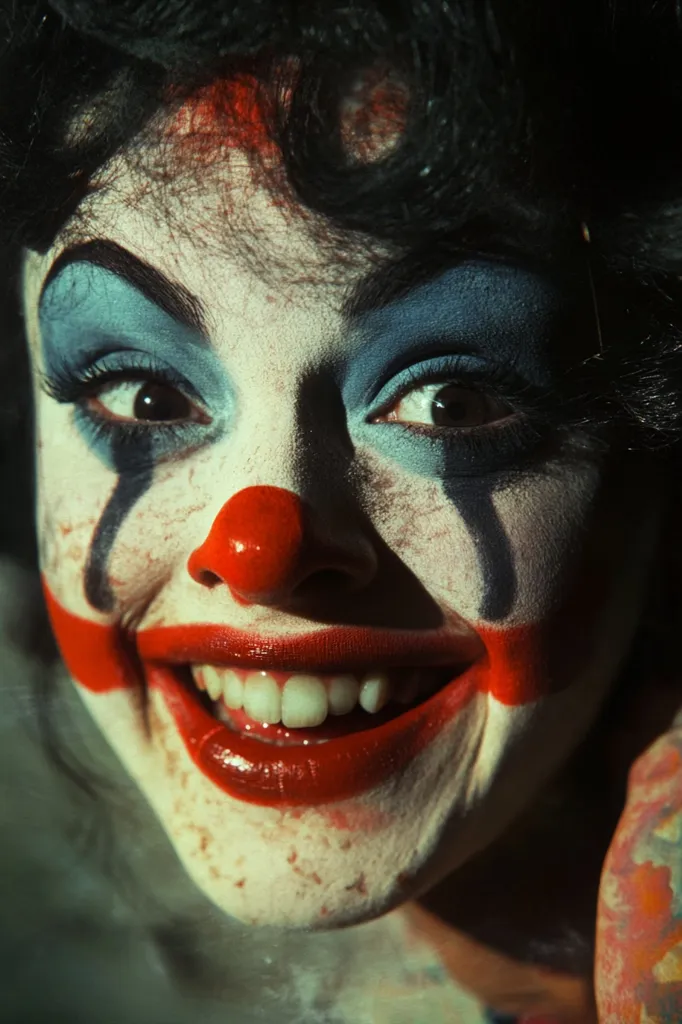 A close-up shot reveals a person's face meticulously painted as a sinister clown.  The makeup is smeared, suggesting a sense of decay or violence.  Dark, expressive eyes contrast with a wide, unsettling smile, revealing bright white teeth.  The red and blue hues of the clown paint, alongside the visible "tears" of black paint, create a disturbing yet captivating image.  A hint of a tattoo is visible on the person's shoulder.
