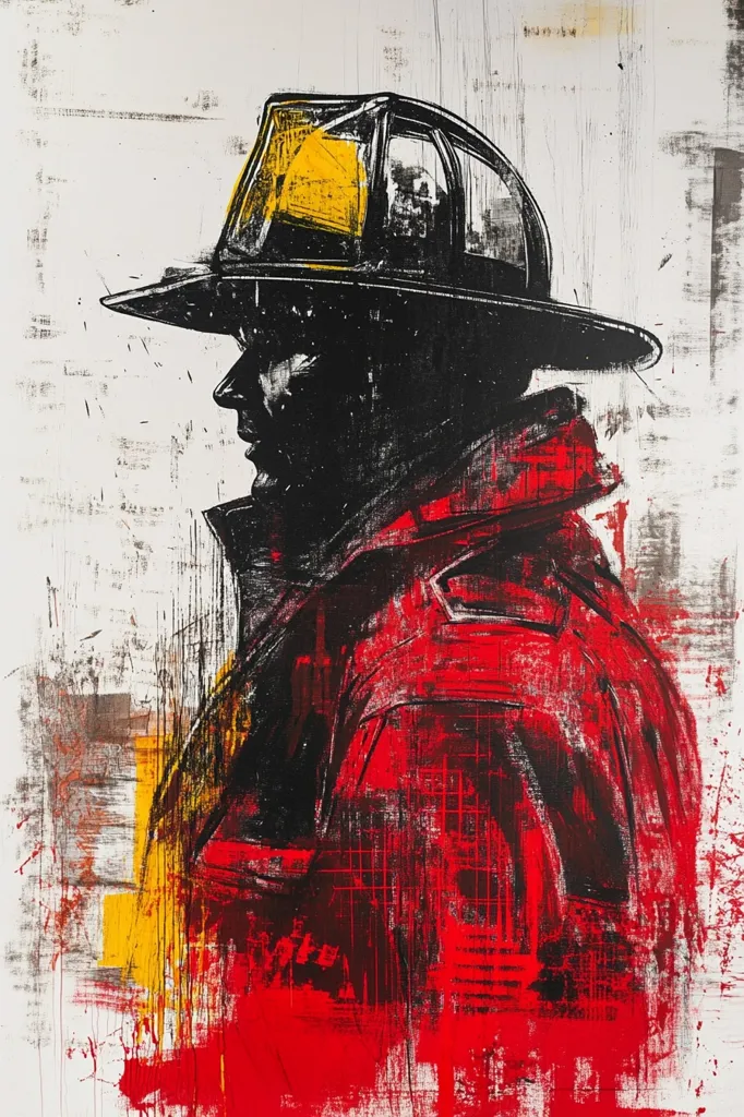 An abstract portrait of a firefighter, rendered in bold strokes of red, black, and yellow. The firefighter is depicted in profile, wearing a helmet and jacket, their face partially obscured by shadow. The artwork uses a textured, expressive style, conveying a sense of strength and resilience. The background features a chaotic blend of colors and textures, adding depth and complexity to the composition.  The overall effect is powerful and evocative.
