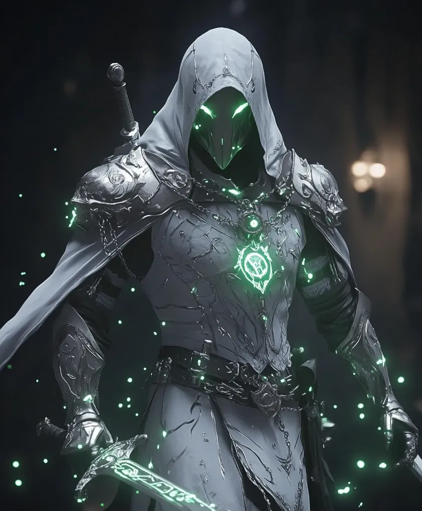 A cloaked figure, adorned in intricately detailed silver armor, stands in a dimly lit environment.  The armor glows with ethereal green accents, and the figure wields a long sword.  The hood obscures the face, revealing only glowing green eyes within a helmet-like mask.  Particles of green light surround the figure, adding to the mystical atmosphere. The overall aesthetic is dark fantasy or sci-fi.