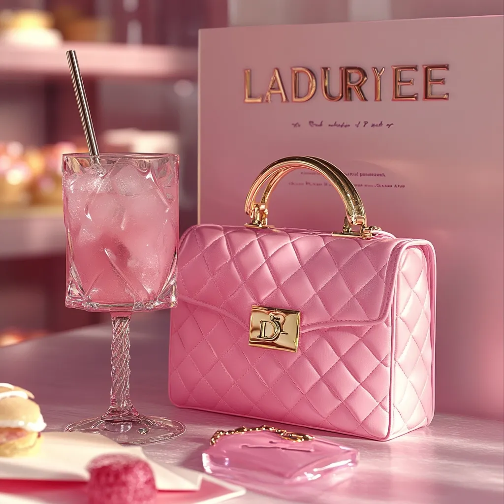 A pink Ladurée handbag with a gold clasp sits on a table next to a glass of pink iced beverage.  A pink menu or box is in the background, along with other pink-themed pastries and accessories. The overall aesthetic is luxurious and feminine, showcasing a pastel pink color scheme.  The scene is elegantly styled, suggesting a high-end brand or product presentation.