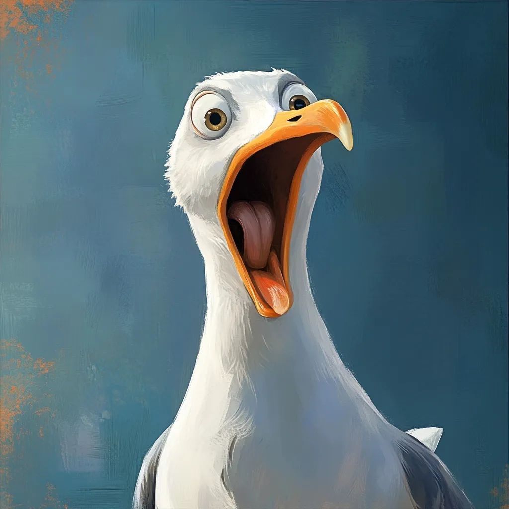 A stylized illustration of a seagull with its beak wide open, showcasing large, expressive eyes and a vibrant orange beak.  The bird's expression is one of surprise or alarm.  The artwork features a painterly style with textured background, contrasting the smooth rendering of the seagull's feathers.  The overall tone is lighthearted and playful.