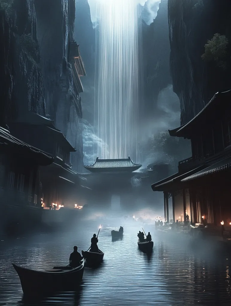 A serene digital painting depicts a tranquil canal flowing through a mystical, Asian-inspired village nestled within towering cliffs.  Silhouetted figures in small boats navigate the calm water towards a central structure beneath a dramatic waterfall cascading from above. The scene is shrouded in a soft mist, creating an ethereal and atmospheric ambiance.  Lanterns illuminate the buildings along the canal's edge, adding to the captivating mystery.