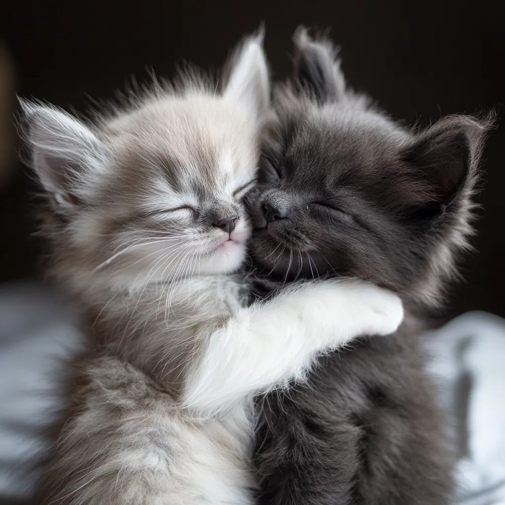 Two adorable kittens cuddle closely, their eyes closed in peaceful slumber.  A fluffy grey kitten is embraced by a lighter grey and white kitten.  Their soft fur and tender embrace create a heartwarming image of feline companionship and comfort.  The dark background accentuates the kittens' delicate features.