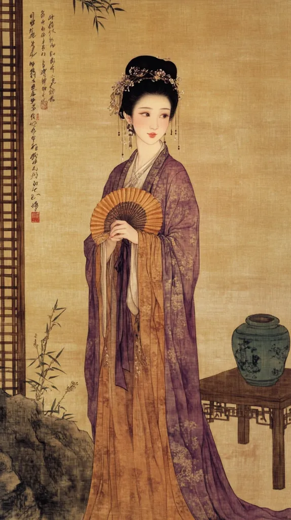 A refined Chinese woman, elegantly attired in a flowing purple and gold robe, stands gracefully.  Her elaborate hairstyle is adorned with flowers, and she holds a delicate, folded fan. The background features a muted earth tone, with hints of bamboo and a small table holding a dark blue vase.  The overall style suggests a classical Chinese painting, possibly portraying a court lady or noblewoman.  Calligraphy is visible on the left edge.