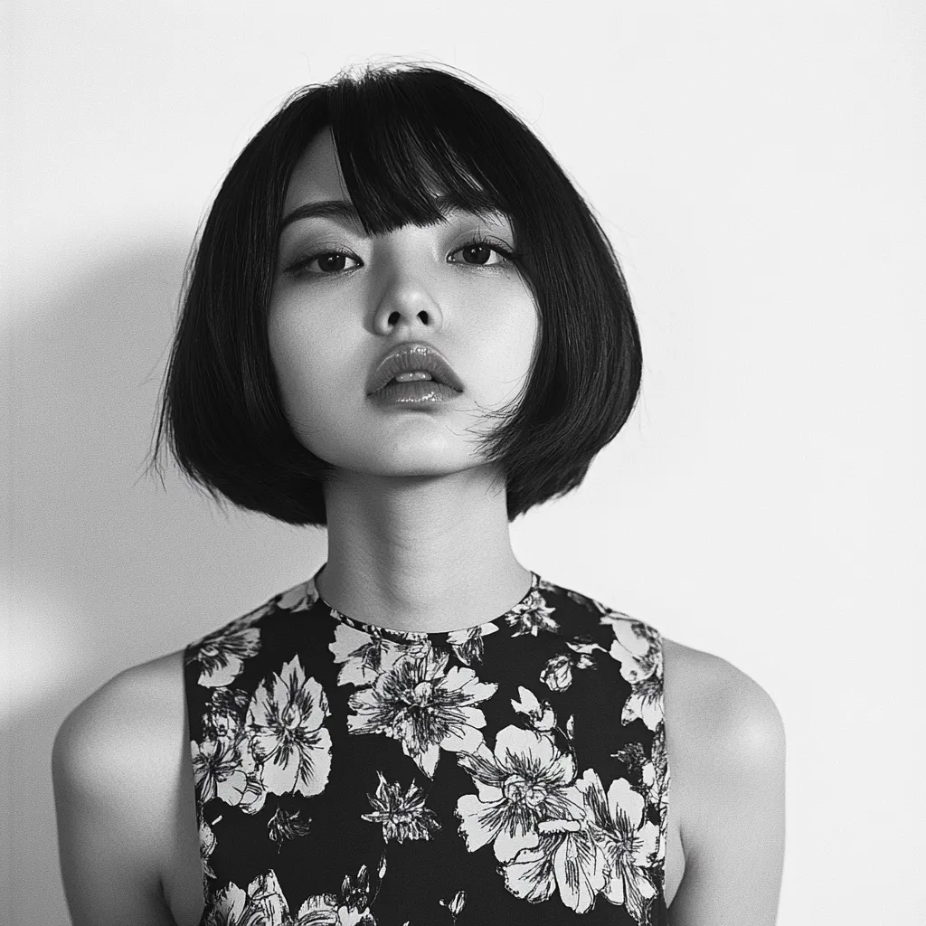 A black and white portrait of a young woman with a blunt bob haircut.  She's looking directly at the camera with a serious expression.  Her sleeveless top features a dark floral pattern. The image is minimalist and focuses on her striking features and simple style.