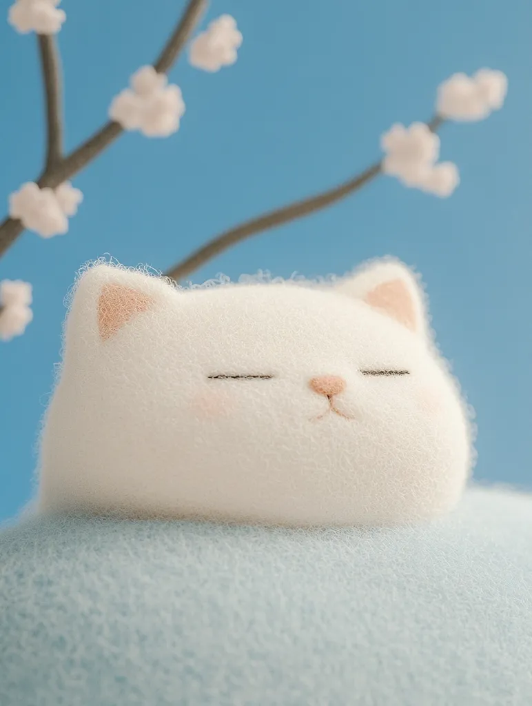 A fluffy white cat, eyes closed in peaceful slumber, rests on a soft, light-blue surface.  A blurred background features a delicate branch with pale pink blossoms, suggesting a serene and tranquil spring scene. The cat's plush texture and gentle expression evoke feelings of warmth and comfort. The overall image is soft, calming, and aesthetically pleasing.