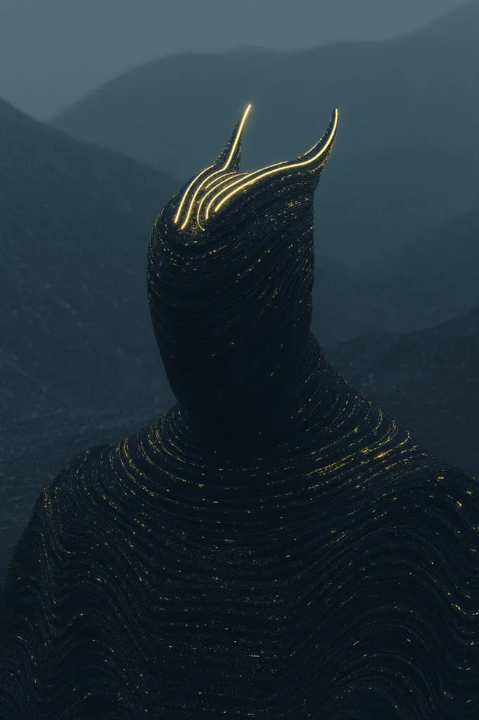 A dark, cloaked figure stands against a muted mountain landscape.  The figure's form is composed of swirling, dark material, punctuated by thin, glowing golden lines that form horns or protrusions atop its head.  The overall aesthetic is one of mystery and otherworldliness, suggesting a digital rendering or a concept art piece.  The muted color palette enhances the sense of unease.