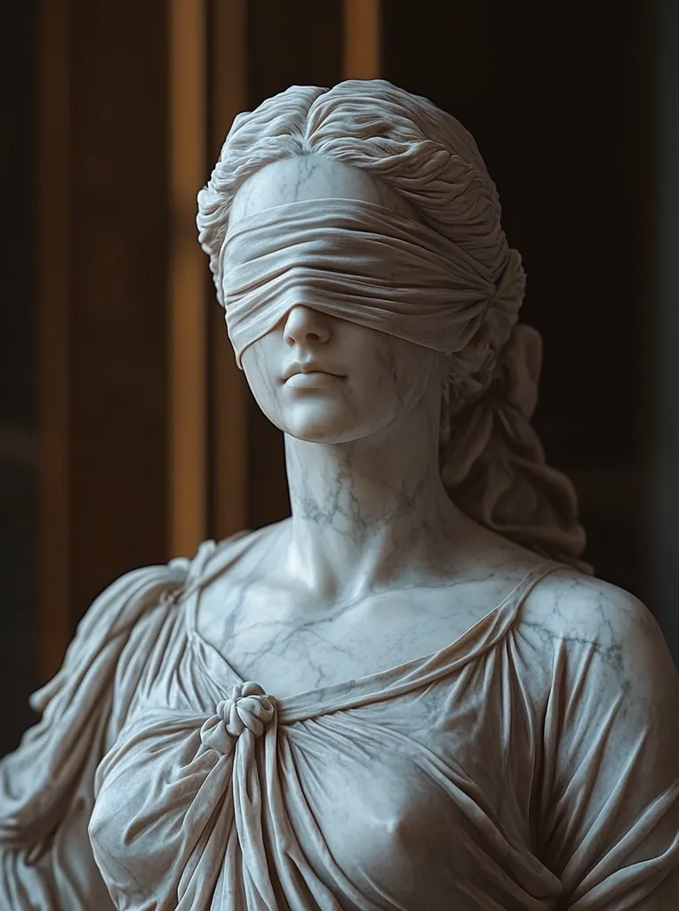 A close-up shot of a marble bust depicting a blindfolded woman, possibly representing Justice or a similar allegorical figure.  The statue's serene expression and meticulously carved drapery are highlighted against a dark, blurred background. The marble's veining adds to the sense of realism and age. The blindfold symbolizes impartiality.