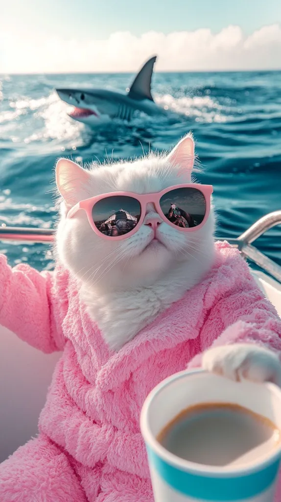 A fluffy white cat, wearing pink sunglasses and a pink bathrobe, enjoys a coffee on a boat.  A shark fin is visible in the ocean behind the cat, adding a humorous contrast to the relaxed scene. The cat appears calm and content, enjoying its luxurious boat trip.
