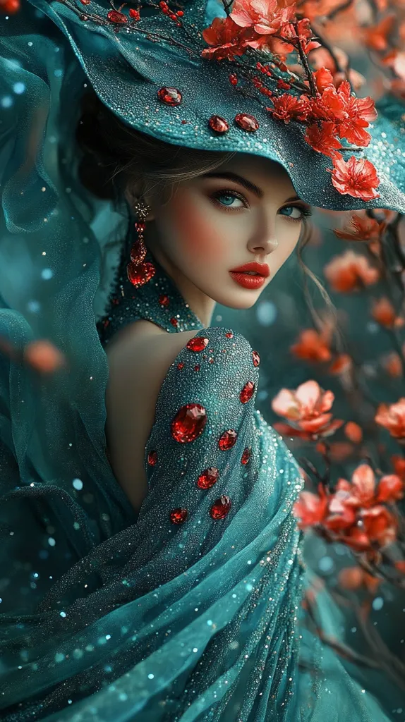 A woman in a teal, sequined gown and large, ornate hat adorned with red flowers stands amidst a blossoming tree.  The hat and dress are embellished with sparkling red jewels. Her striking blue eyes and red lips create a captivating contrast against the teal fabric. The image evokes a fairytale or fantasy aesthetic.