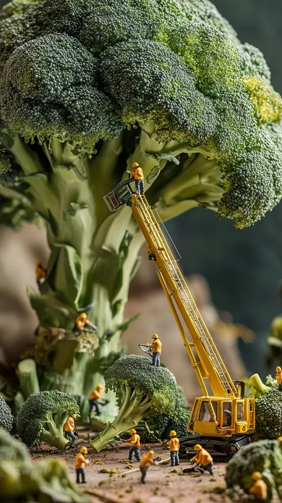 Miniature workers harvest a giant broccoli head using a small yellow crane and various hand tools.  The scene is meticulously detailed, depicting the workers in yellow hard hats and overalls meticulously cutting and processing the enormous vegetable.  Smaller broccoli florets surround the main head, adding to the whimsical scale of the image.