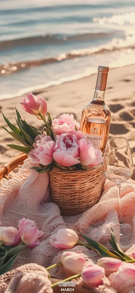 A bottle of rosé wine sits on a sandy beach next to a wicker basket filled with pink peonies and tulips.  A wine glass rests nearby, adding to the romantic and idyllic beach picnic scene.  Soft, pastel colors and the gentle waves in the background create a serene and peaceful atmosphere. The overall feeling is one of relaxation and quiet enjoyment.