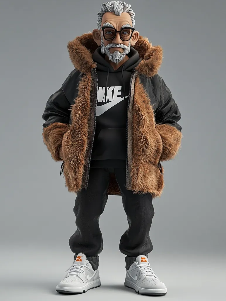 A 3D-rendered figure, styled as an elderly man, sports a brown fur-trimmed jacket over a black Nike hoodie and pants.  He wears grey Nike Dunk Low sneakers and glasses. The character's design blends streetwear aesthetics with a caricatured, almost cartoonish, representation of an older gentleman. The overall style is sophisticated yet playful.