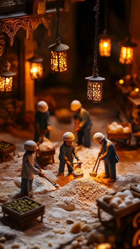 A miniature scene depicts workers in protective headgear shoveling flour into piles under hanging lanterns.  The setting suggests an old marketplace with wooden structures and crates of produce.  Warm, ambient lighting creates a captivating, detailed diorama with a focus on the laborers' actions and the textured flour.  The overall ambiance is one of industriousness and old-world charm.