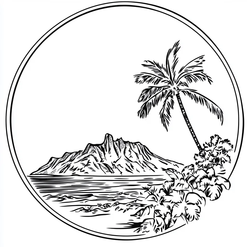A circular black and white line drawing depicts a tranquil tropical scene.  A prominent mountain range sits across a calm body of water, with a slender palm tree leaning towards the shoreline. Lush tropical foliage frames the base of the palm, creating a serene coastal paradise.  The style is reminiscent of a vintage travel illustration or logo.