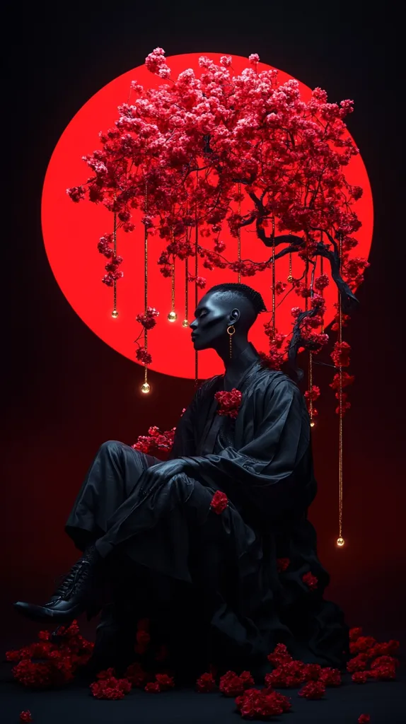 A dark-skinned person with short hair and gold earrings sits in a black garment, enveloped by a vibrant red flowering tree against a large red circular backdrop.  Golden pendants hang from the branches, adding to the dramatic, almost surreal, atmosphere.  The scene is richly textured, with dark clothing and a profusion of red flowers scattered around the base.  The overall mood is one of striking contrast and moody elegance.