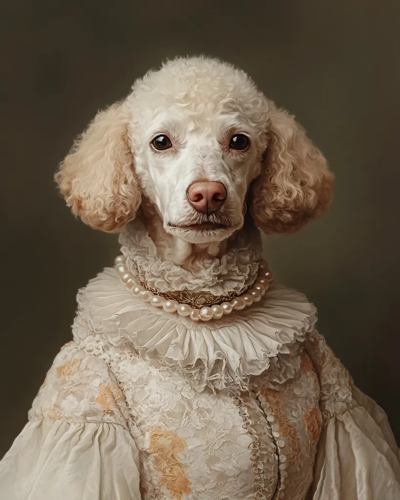 A cream-colored poodle is elegantly dressed in a vintage-style lace gown and pearl necklace.  The portrait is reminiscent of classic pet paintings, showcasing the dog's regal bearing against a muted background. The dog gazes directly at the viewer with a calm and dignified expression, creating a captivating image.  The meticulous detail in the clothing and fur adds to the overall impression of sophistication and artistry.