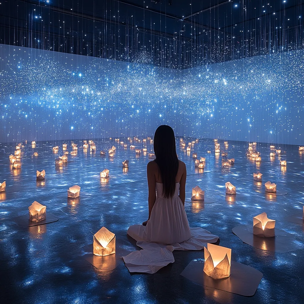 A woman in a white dress sits on the floor, her back to the viewer, amidst a mesmerizing scene.  Numerous paper lanterns illuminate a reflective surface, creating an ethereal atmosphere.  Above, a ceiling installation simulates a breathtaking night sky, filled with countless shimmering lights, evoking a sense of wonder and tranquility. The overall ambiance is serene and magical.