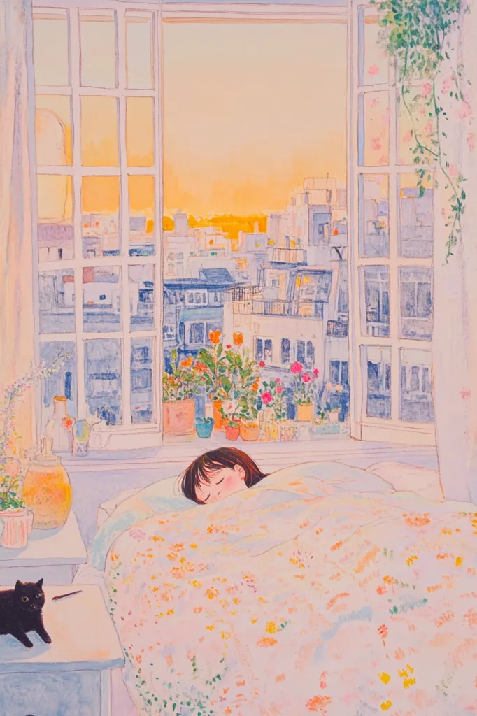 A pastel-colored illustration depicts a young girl peacefully asleep under a floral duvet.  A large window behind her reveals a cityscape bathed in the warm light of a sunset.  Potted plants adorn the windowsill. A black cat rests on a nearby nightstand. The overall mood is serene and tranquil, evoking a sense of calm and comfort.