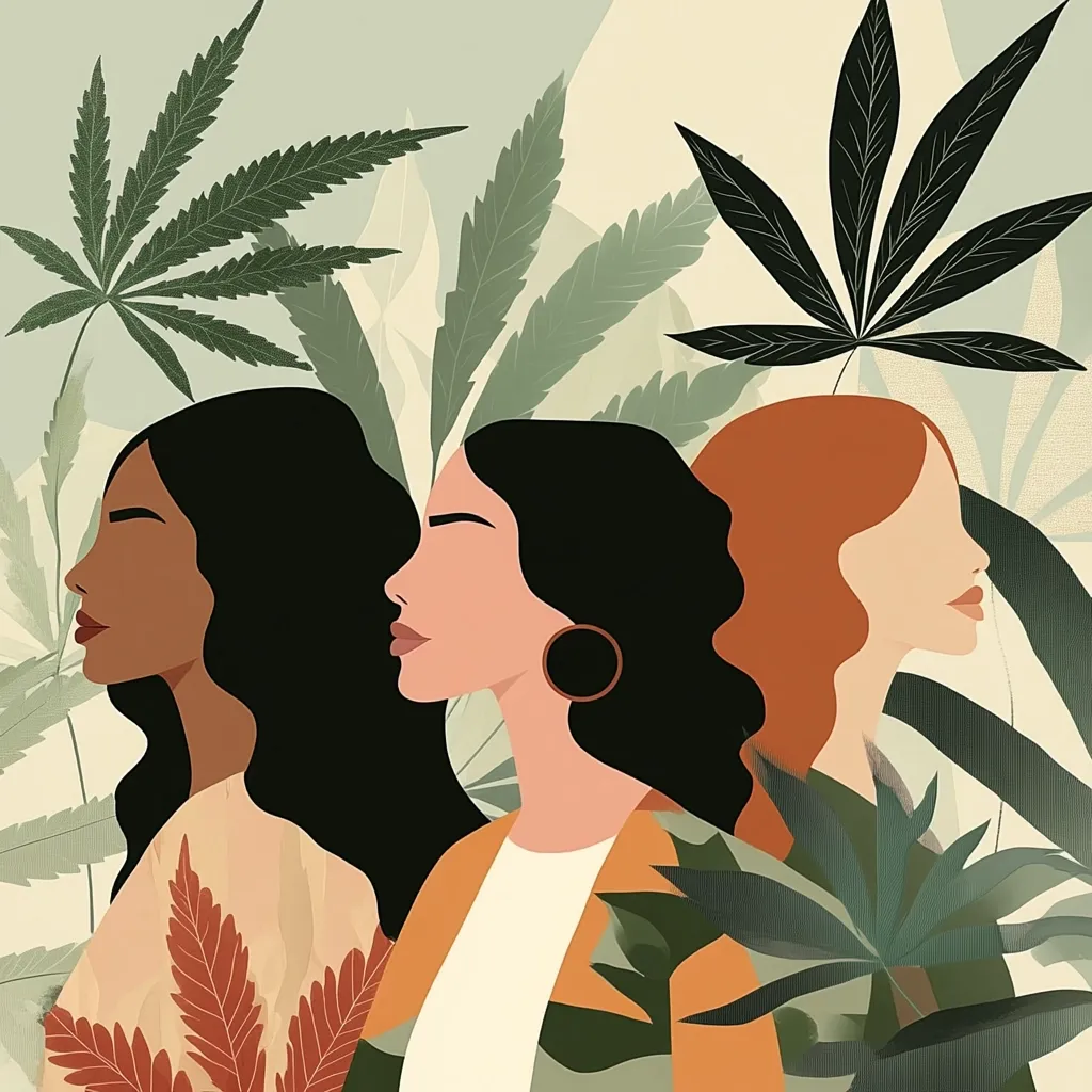 A stylized illustration depicts three women in profile, their dark, auburn, and brown hair flowing.  They are positioned closely, creating a sense of unity.  Large cannabis leaves form a lush backdrop, suggesting a connection to nature and possibly the cannabis industry.  The color palette is earthy and muted, with warm tones dominating. The overall aesthetic is modern and elegant.