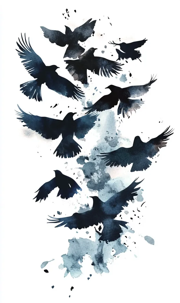 A watercolor painting depicts a flock of crows in flight.  The birds are rendered in shades of dark blue and black, silhouetted against a white background splashed with grey watercolor washes. The crows are depicted in dynamic poses, wings spread, creating a sense of movement and energy.  The overall style is expressive and slightly abstract.