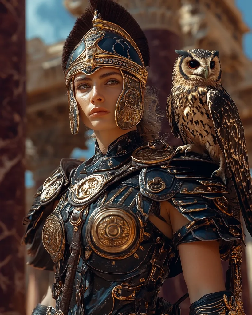 A female warrior, adorned in elaborate, dark-blue and gold armor, stands against a backdrop of ancient ruins.  Her helmet features a tall, dark plume, and a large owl perches on her shoulder.  The image evokes a sense of power and mystery, blending elements of fantasy and historical aesthetics.  The intricate detail of her armor and the majestic bird add to the scene's dramatic impact.