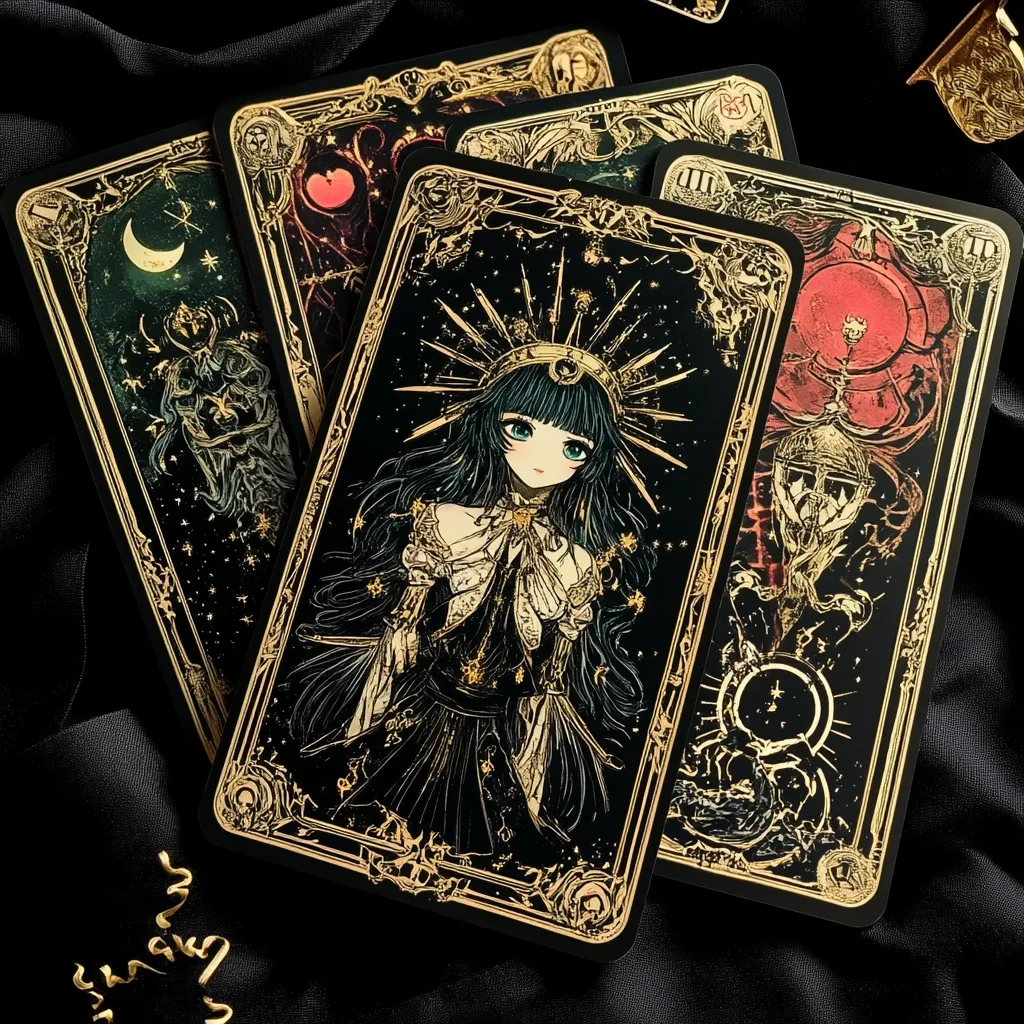 A close-up shot reveals several tarot cards with a dark, gothic aesthetic.  Gold detailing accents the black background, featuring intricate illustrations. One card prominently displays an anime-style girl with long dark hair, adorned in a golden crown and dark dress, set against a starry night.  The overall style is elegant and mysterious.