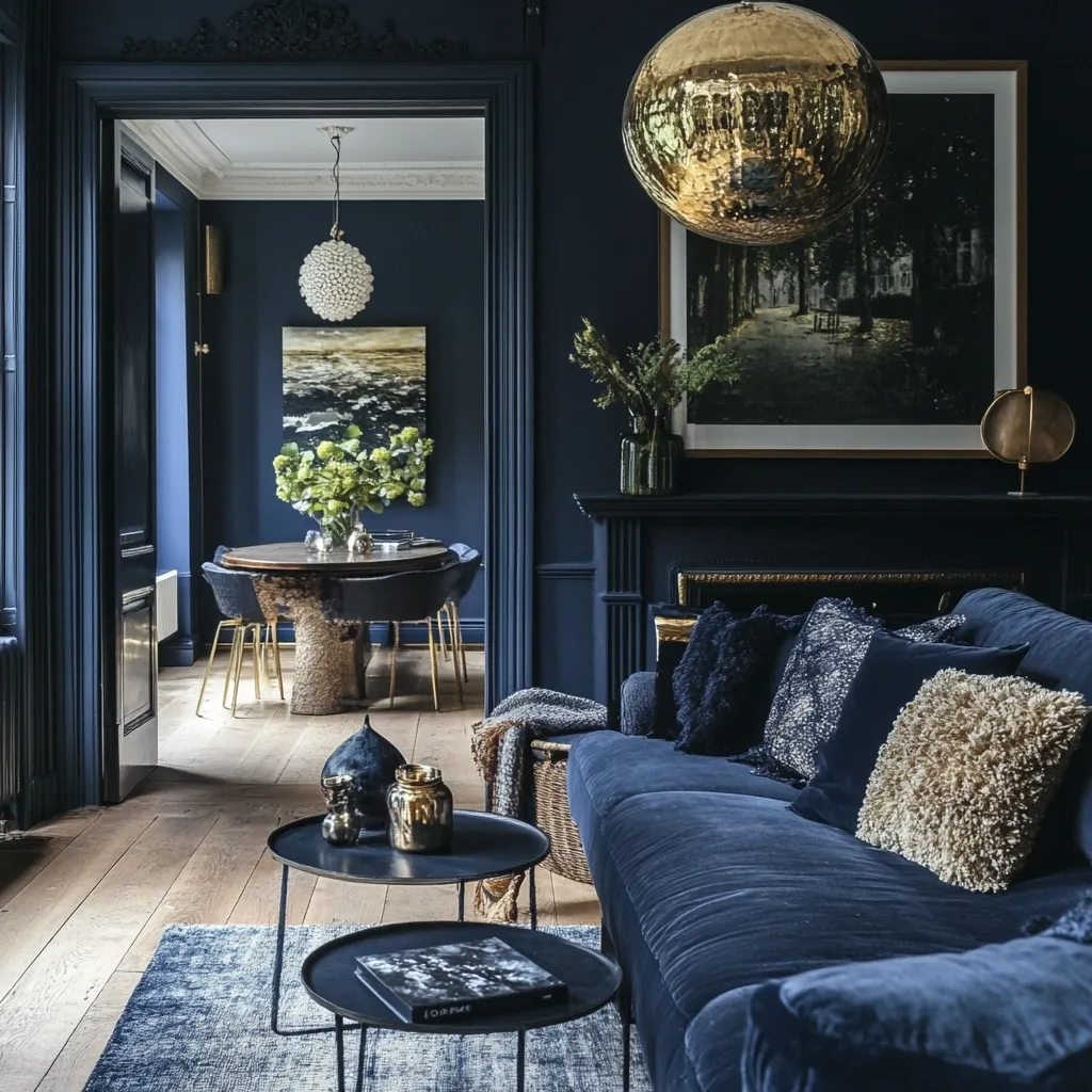 A luxurious living room, painted in deep navy blue, features a plush velvet sofa adorned with textured cushions.  A large gold sphere pendant light hangs above, complementing a framed landscape artwork.  An open doorway reveals a dining area with a similar color scheme.  The hardwood floors and a stylish rug add warmth to the sophisticated space, which includes metallic accents and tasteful décor.