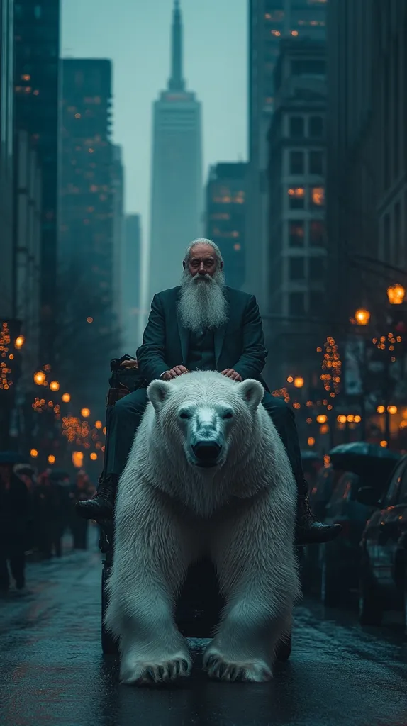 A long-bearded man sits atop a large polar bear, calmly traversing a city street at twilight.  The background features towering skyscrapers and softly glowing streetlights. The scene is surreal, juxtaposing the wild animal with the urban environment. The man's attire is formal, creating a striking contrast with the unexpected mode of transportation. The overall mood is calm yet intriguing.