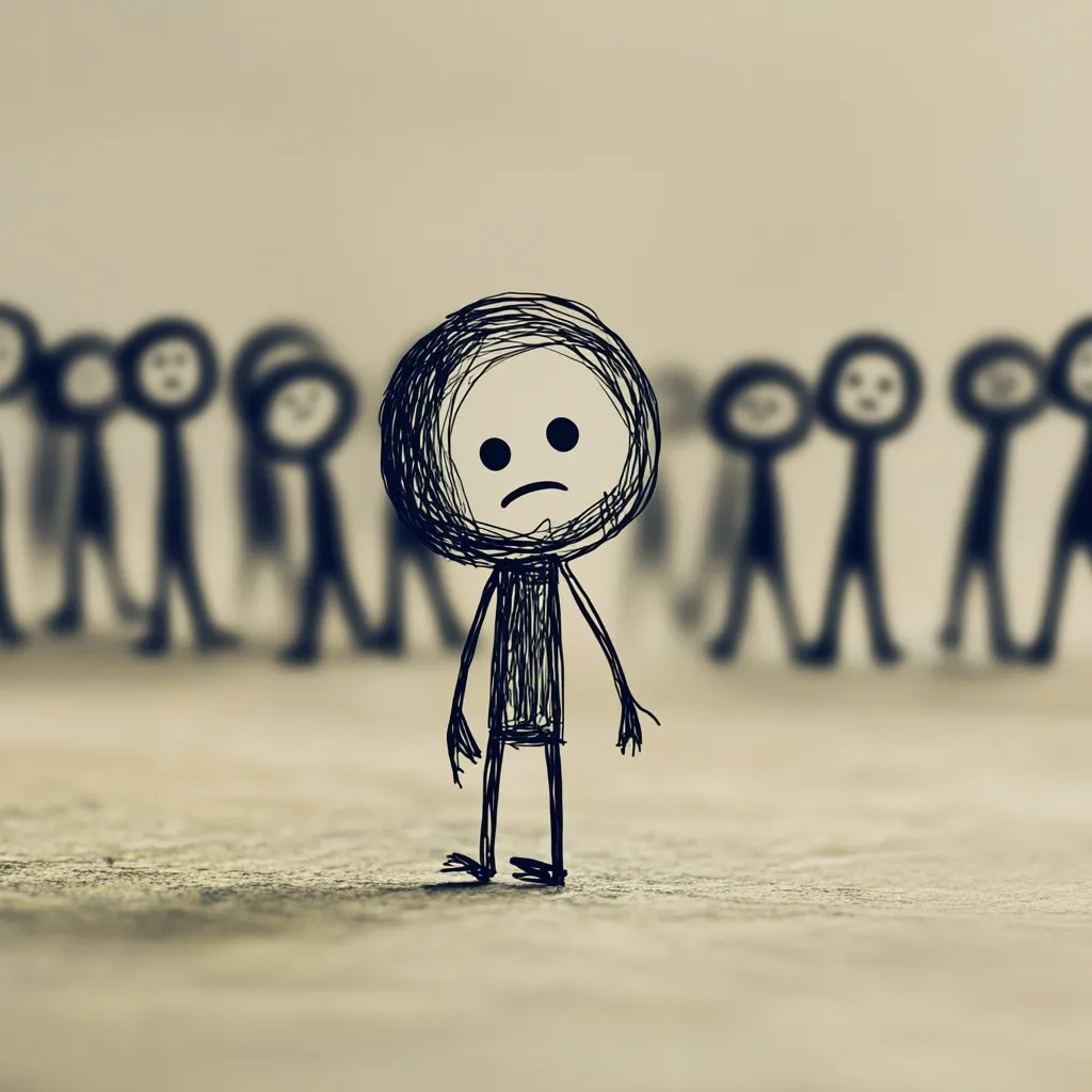 A sketched figure with a sad expression stands alone in the foreground, while a blurred group of similar figures stands in the background.  The lone figure is more detailed, conveying a sense of isolation and loneliness. The muted tones and blurry background enhance the feeling of separation and emphasize the emotional state of the central figure.
