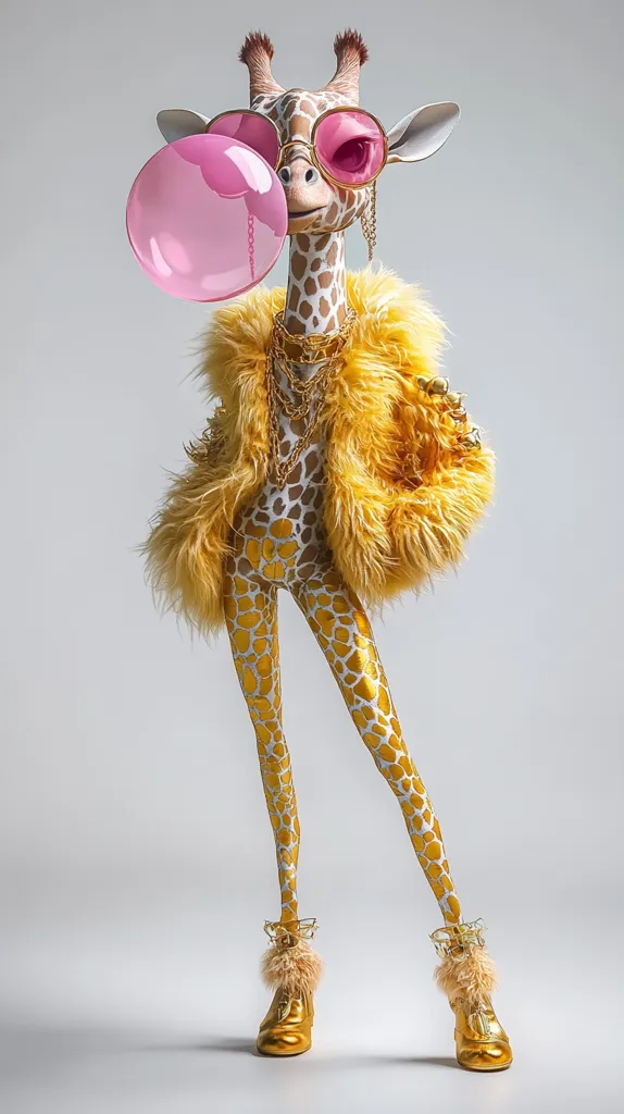 A stylish giraffe model is depicted, adorned in a vibrant yellow fur coat, gold giraffe-print leggings, and matching gold boots.  Pink sunglasses and a large pink bubblegum add a playful touch.  Gold necklaces complete the glamorous ensemble. The giraffe stands confidently against a neutral gray backdrop.