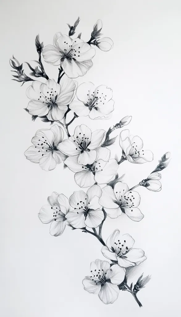 A meticulously detailed pencil sketch depicts a blossoming branch of cherry blossoms.  The grayscale rendering showcases the delicate petals and intricate details of the flowers, creating a sense of elegance and tranquility.  The composition is vertically oriented, with the branch gracefully curving upwards.  The artist's skill is evident in the shading and texture, providing depth and realism to the floral subject.